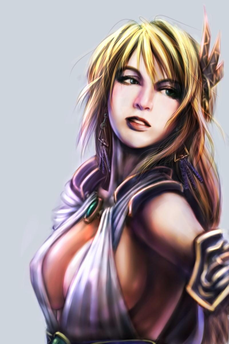 1girl armpits blonde_hair blonde_twist blue_eyes breasts cleavage earrings female_focus goddess_bracelet goddess_headdress goddess_robe highres jewelry large_breasts lips long_hair mature_female nagumo_(qmzp10) portrait realistic sideboob simple_background solo sophitia_alexandra soul_calibur soulcalibur soulcalibur_iv very_long_hair