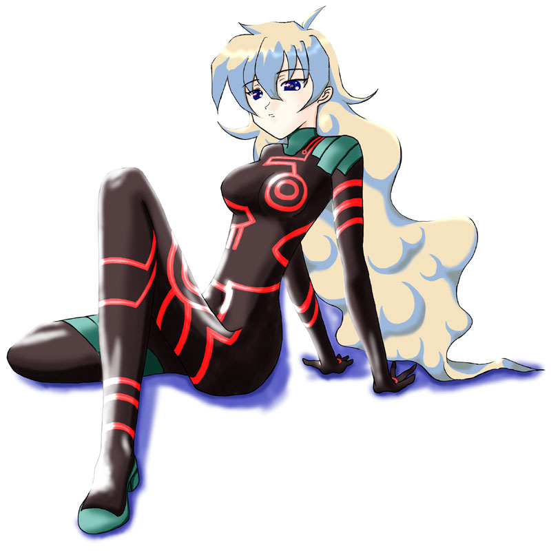 00s 1girl antispiral_nia blonde_hair blue_eyes blue_hair bodysuit breasts chiaki_lsd dark_persona female_focus long_hair matching_hair/eyes multicolored_hair neon_trim nia_teppelin shadow simple_background sitting skin_tight solo teeth tengen_toppa_gurren_lagann two-tone_hair