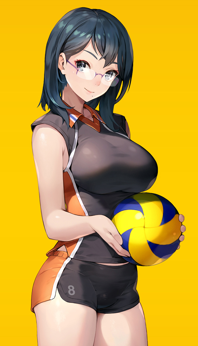 1girl ball black_eyes black_hair breasts closed_mouth commentary coon cowboy_shot dolphin_shorts glasses haikyuu!! holding holding_ball looking_at_viewer medium_breasts mole mole_under_mouth rimless_eyewear shimizu_kiyoko shirt shorts smile solo sportswear standing volleyball volleyball_(object) volleyball_uniform yellow_background