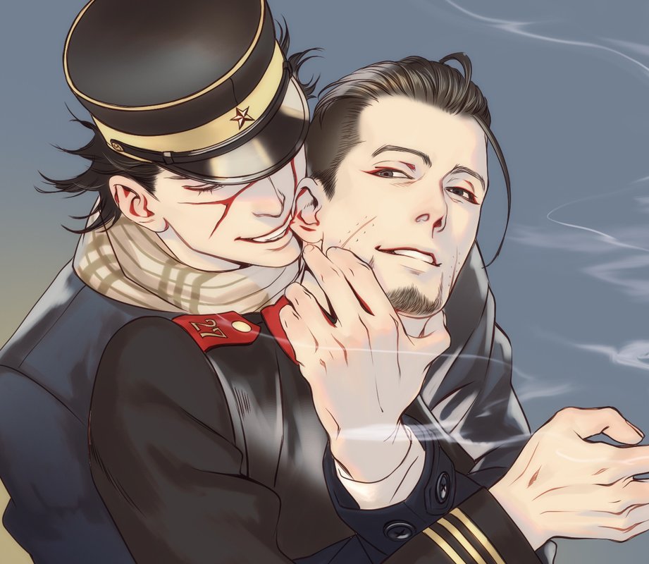 2boys biting black_eyes black_hair blue_jacket buttons collared_jacket biting_ear facial_hair facial_scar golden_kamuy hair_slicked_back hair_strand hand_on_another&#039;s_face hat imperial_japanese_army jacket kepi male_focus military military_hat military_uniform multiple_boys nibbling ogata_hyakunosuke scar scar_on_cheek scar_on_face scar_on_nose scarf short_hair simple_background smile smoke spiked_hair stubble sugimoto_saichi undercut upper_body w55674570w yellow_scarf