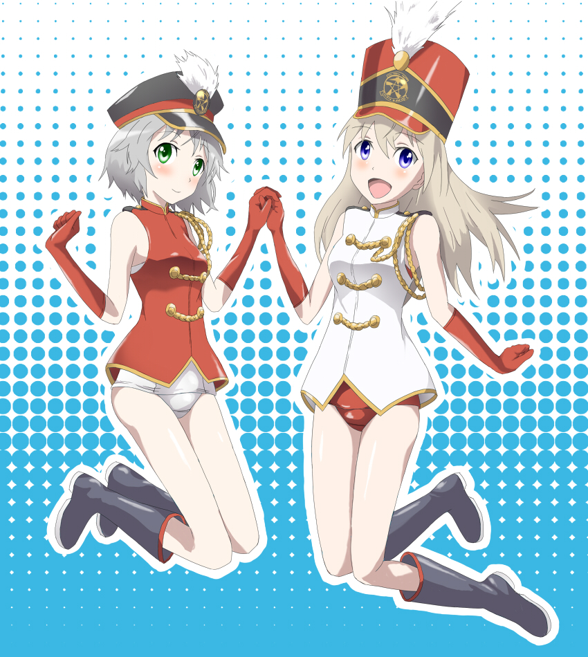 2girls band_uniform bare_legs blonde_hair blue_eyes blush boots eila_ilmatar_juutilainen elbow_gloves gloves green_eyes halftone halftone_background hat holding_hands jumping long_hair multiple_girls nickjr nikujiru_(nickjr) red_gloves sanya_v._litvyak short_hair silver_hair smile strike_witches swimsuit swimsuit_under_clothes world_witches_series