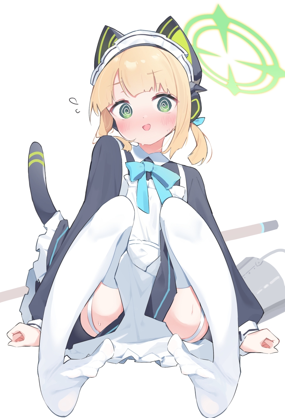 1girl :d @_@ animal_ear_headphones animal_ears apron ass black_dress blonde_hair blue_archive blue_ribbon blush bucket collared_dress commentary_request dress fake_animal_ears flying_sweatdrops frilled_apron frills full_body green_eyes hair_ribbon halo headphones highres long_sleeves looking_at_viewer maid maid_apron maid_headdress midori_(blue_archive) midori_(maid)_(blue_archive) nervous_smile no_shoes open_mouth puffy_long_sleeves puffy_sleeves ribbon simple_background smile solo suta0822 tail thighhighs white_apron white_background white_thighhighs