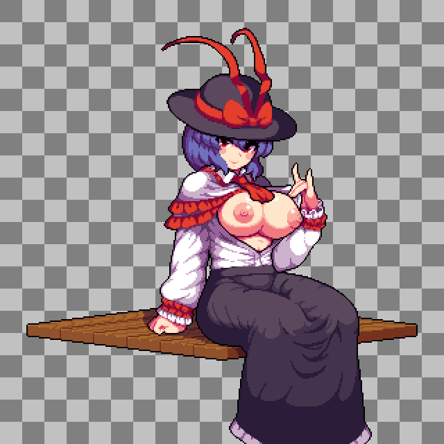 1girl blue_hair breasts breasts_out capelet checkered_background frills hat hat_ribbon large_breasts long_skirt medium_hair mirukuro092 nagae_iku nipples open_clothes open_shirt pixel_art red_eyes ribbon sitting skirt smile solo touhou