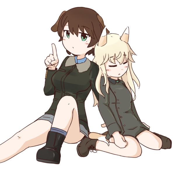 2girls animal_ears ankle_boots aqua_eyes black_footwear blonde_hair blush bomber_jacket boots bottomless brown_hair closed_eyes dog_ears dog_tail erua finger_to_mouth fox_ears fox_tail heart honda_takashi_(enorea) jacket long_hair long_sleeves looking_at_viewer military military_uniform multiple_girls open_mouth ottilie_kittel pointing pointing_up short_hair shushing simple_background sitting sleeping strike_witches tail waltraud_nowotny wariza white_background world_witches_series