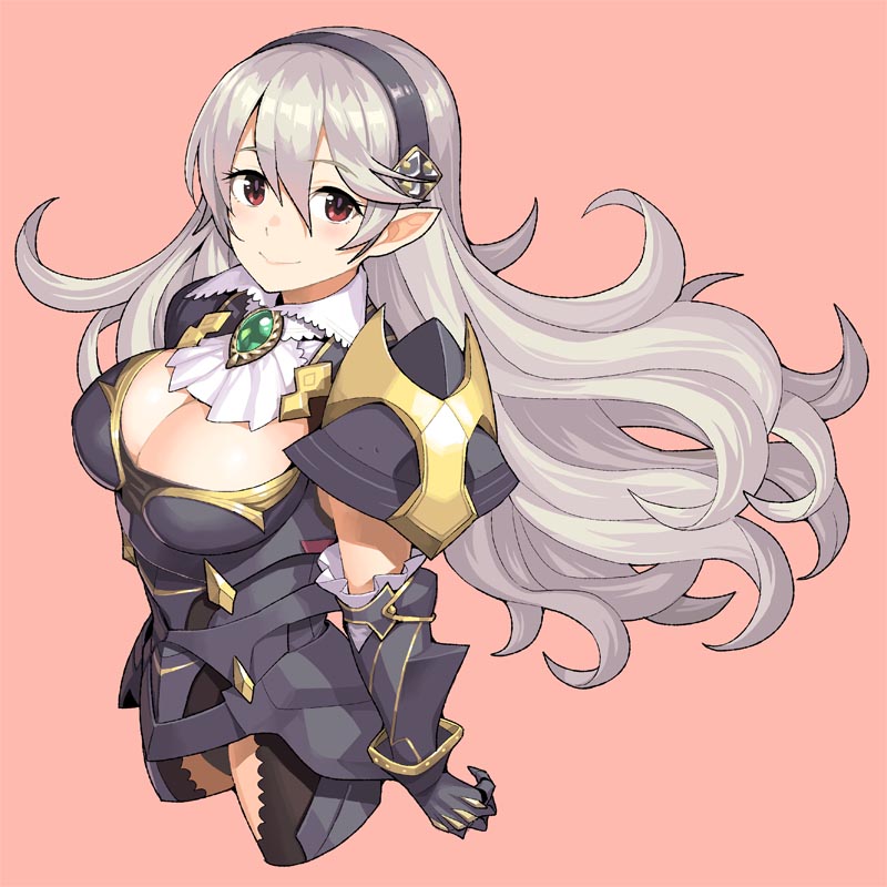 1girl armor black_armor black_hairband breasts cleavage closed_mouth corrin_(female)_(fire_emblem) corrin_(female)_(nohr_noble)_(fire_emblem) corrin_(fire_emblem) fire_emblem fire_emblem_fates hairband large_breasts long_hair nintendo pointy_ears red_eyes simple_background smile solo thighs umaguti white_hair