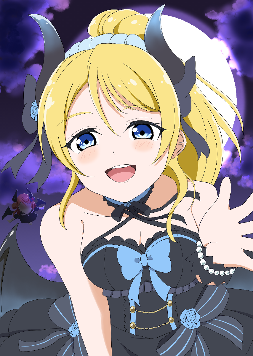 2girls ayase_eli bare_shoulders blonde_hair blue_eyes breasts cleavage halloween highres horns looking_at_viewer love_live! love_live!_nijigasaki_high_school_idol_club multiple_girls nanashinotetsuya outdoors ponytail smile solo_focus uehara_ayumu wings