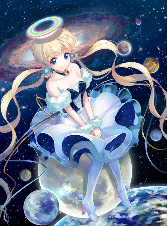 1girl bare_shoulders blonde_hair blue_eyes blue_footwear blue_pantyhose blue_skirt choker closed_mouth collarbone female_focus full_body galaxy hair_ornament halo high_heels long_hair moai_(aoh) multicolored_halo original pantyhose planet rainbow rainbow_halo ribbon_choker shirt shoes sitting skirt sleeveless sleeveless_shirt smile solo space star_(sky) twintails v_arms very_long_hair