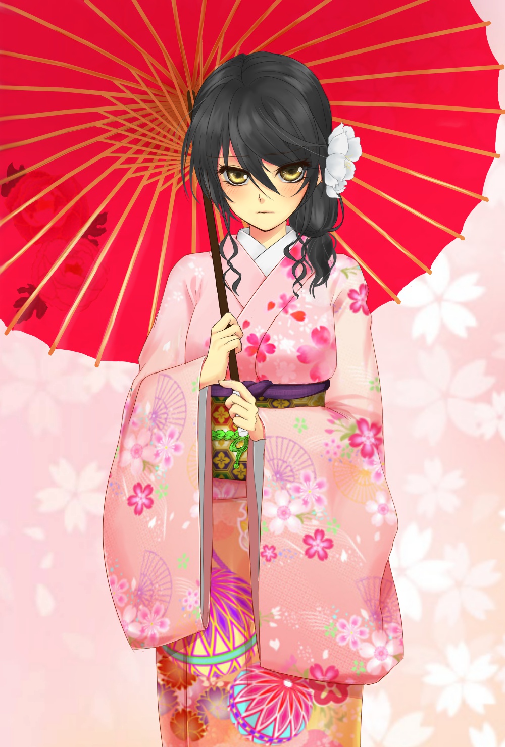 1girl alternate_costume black_hair blush closed_mouth floral_print flower hair_between_eyes hair_flower hair_ornament hair_over_shoulder highres holding holding_umbrella japanese_clothes kamyu114 kimono long_hair long_sleeves looking_at_viewer obi oil-paper_umbrella pink_kimono ponytail print_kimono red_umbrella sash solo standing tales_of_(series) tales_of_berseria umbrella velvet_crowe white_flower wide_sleeves yellow_eyes