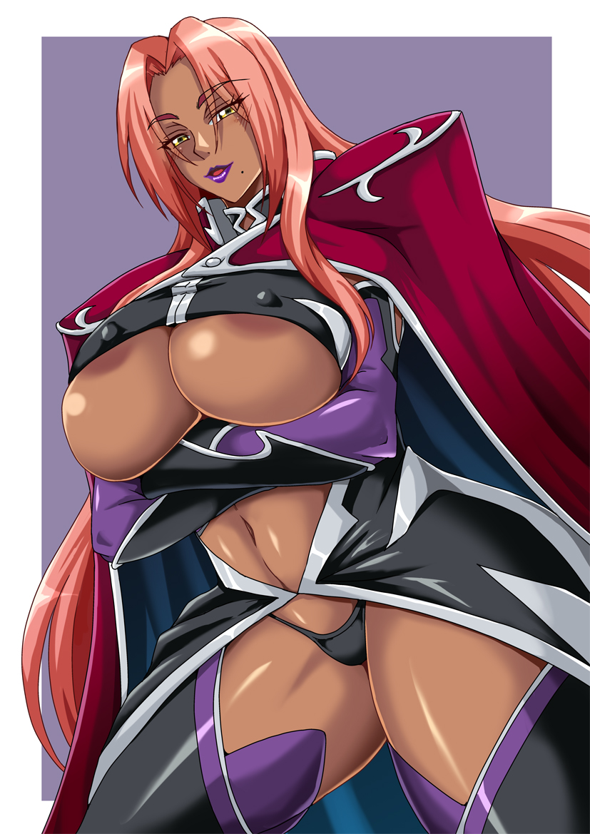 1girl action_taimanin areola_slip arms_under_breasts black_panties breasts cape commentary_request covered_erect_nipples crossed_arms dark-skinned_female dark_skin forehead ingrid_(taimanin_asagi) large_breasts linea_alba lipstick long_hair makeup mifune_seijirou mole mole_under_mouth navel panties parted_lips pink_hair revealing_clothes taimanin_(series) taimanin_murasaki thong underwear very_long_hair