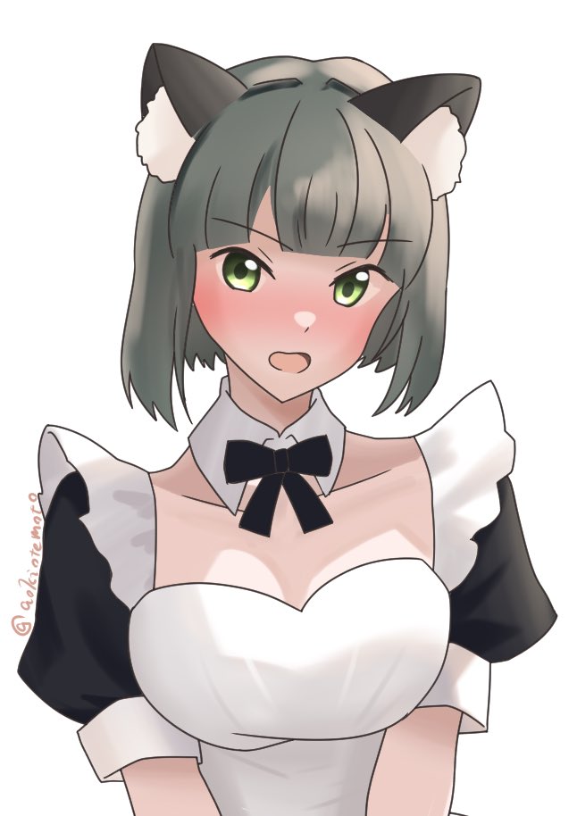 1girl alternate_costume animal_ears aokiotemoto apron black_bow black_bowtie blunt_bangs blunt_ends blush bow bowtie breasts cat_ears cleavage collar collarbone commentary detached_collar enmaided fake_animal_ears flower green_eyes green_hair hair_flower hair_ornament link!_like!_love_live! looking_at_viewer love_live! maid maid_apron medium_breasts momose_ginko nose_blush open_mouth puffy_short_sleeves puffy_sleeves short_hair short_sleeves simple_background solo twitter_username virtual_youtuber white_apron white_background white_collar