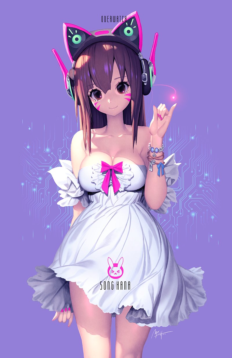 1girl alternate_costume animal_ear_headphones animal_ears axent_wear bad_id bad_twitter_id bare_shoulders bow bracelet breasts brown_eyes brown_hair cat_ear_headphones character_name circuit_board cleavage closed_mouth collarbone copyright_name cowboy_shot d.va_(overwatch) dress dress_tug emblem fake_animal_ears female_focus fingernails hair_between_eyes hand_up head_tilt headphones highres jewelry light_particles long_fingernails long_hair looking_at_viewer mandrill medium_breasts nail_polish overwatch overwatch_1 pink_bow pink_nails pinky_out purple_background short_dress smile solo strapless strapless_dress sundress white_dress