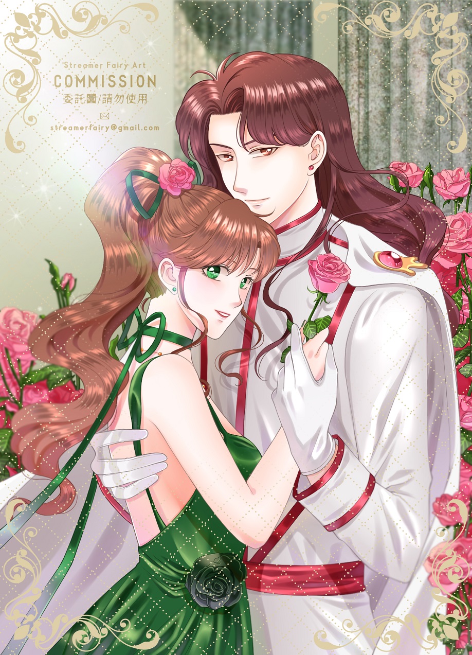 1boy 1girl backless_dress backless_outfit bishoujo_senshi_sailor_moon bishoujo_senshi_sailor_moon_(first_season) brown_eyes brown_hair cape card_(medium) choker commission couple dress dress_flower earrings email_address floating_hair flower green_choker green_dress green_eyes green_flower green_ribbon hair_flower hair_ornament hair_ribbon hetero high_ponytail highres holding_hands jewelry kino_makoto koya long_hair looking_at_viewer nephrite_(sailor_moon) pink_flower pink_rose ribbon ribbon_choker rose sleeveless sleeveless_dress white_cape