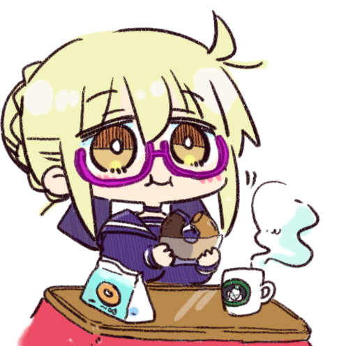 1girl :i artoria_pendragon_(fate) black_choker blonde_hair blue_sailor_collar blue_shirt blush braid brown_eyes chibi choker closed_mouth commentary_request cup doughnut eating fate/grand_order fate_(series) food hair_between_eyes hair_bun holding holding_food kasuga_yuuki kotatsu long_sleeves lowres mug mysterious_heroine_x_alter_(fate) pastry_bag puffy_long_sleeves puffy_sleeves purple-tinted_eyewear sailor_collar school_uniform semi-rimless_eyewear serafuku shirt simple_background sleeves_past_wrists solo steam table tinted_eyewear under-rim_eyewear white_background