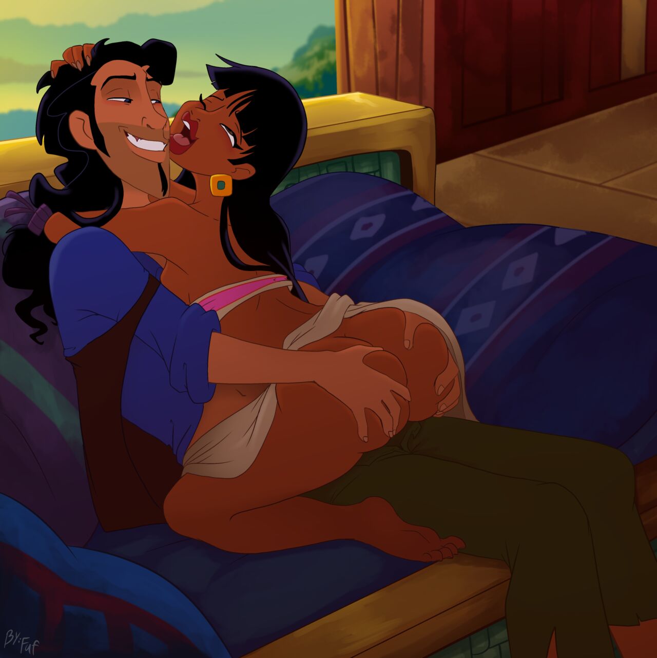 chel (the road to el dorado), tulio (the road to el dorado), the road to el  dorado, highres, ass grab, black hair, cowgirl position, curvy, dark skin,  girl on top, hug, long