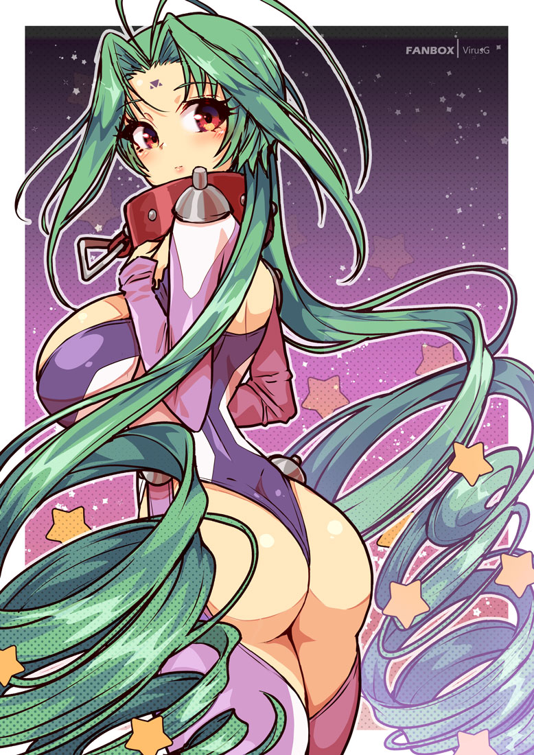 1girl ass breasts brown_eyes curly_hair dears facial_mark forehead_mark green_hair long_hair long_sleeves looking_at_viewer parted_bangs purple_thighhighs ren_(dears) sideboob solo star_(symbol) thighhighs twintails very_long_hair virus-g