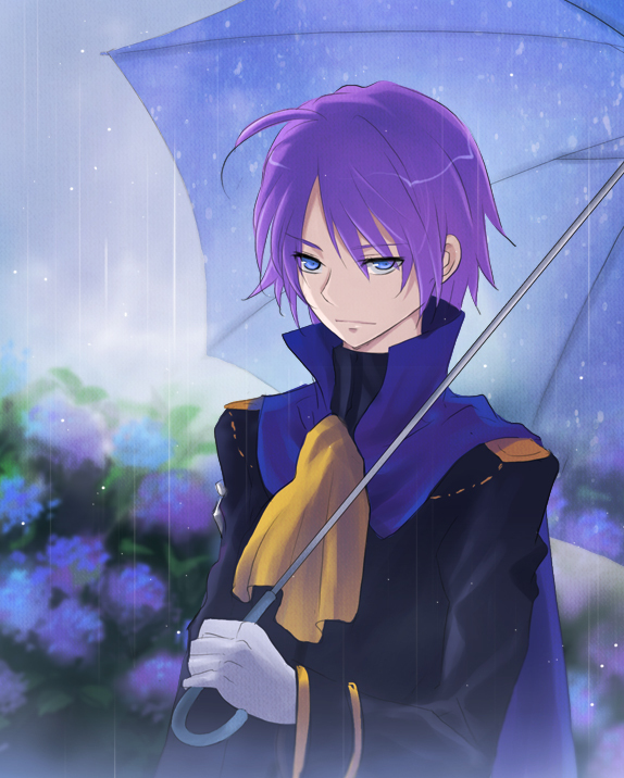 1boy bad_id bad_pixiv_id blue_eyes cape ascot flower gloves hydrangea male_focus purple_hair purple_theme puu_(aiko) rain saleh solo tales_of_(series) tales_of_rebirth umbrella uniform white_gloves