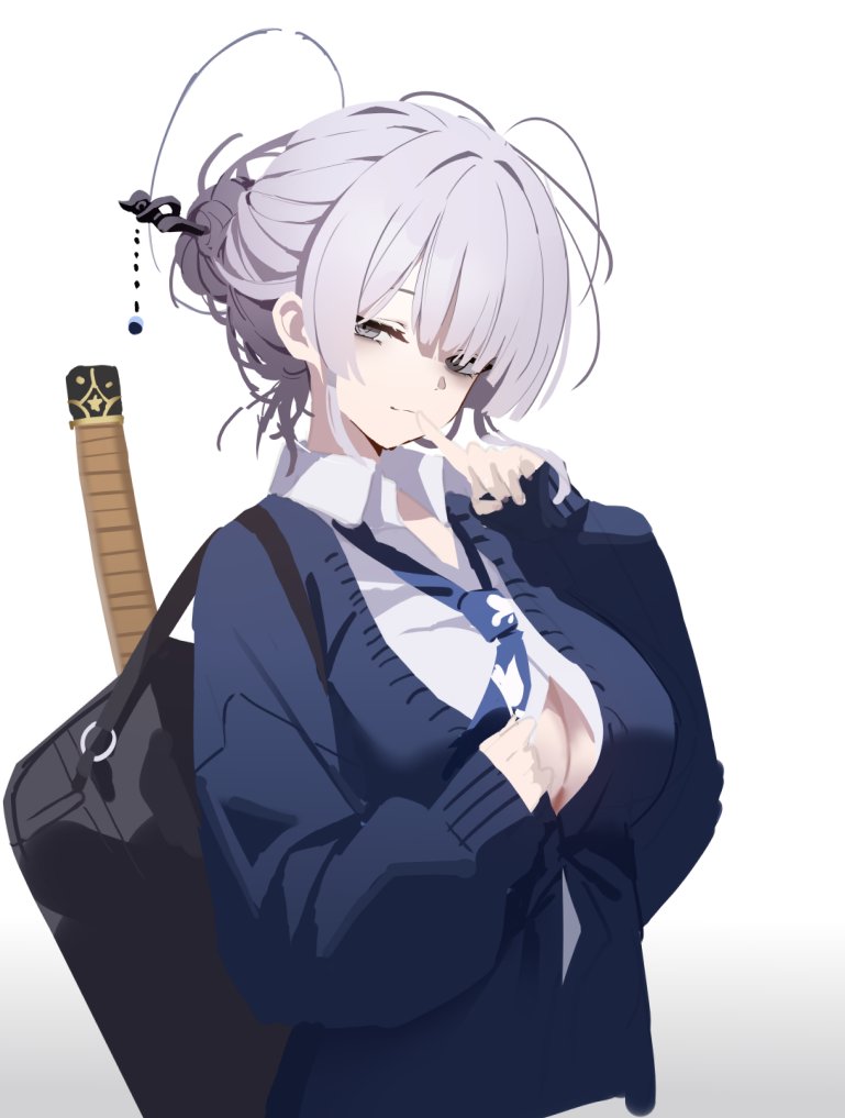 1girl bag bags_under_eyes blazer blue_jacket blue_necktie button_gap collared_shirt finger_to_mouth grey_eyes grey_hair hair_bun hair_ornament hair_stick halo itokonoue_kaoru jacket looking_at_viewer loose_necktie necktie project_kv shirt shoulder_bag smile solo white_shirt yushan_liang_sheng