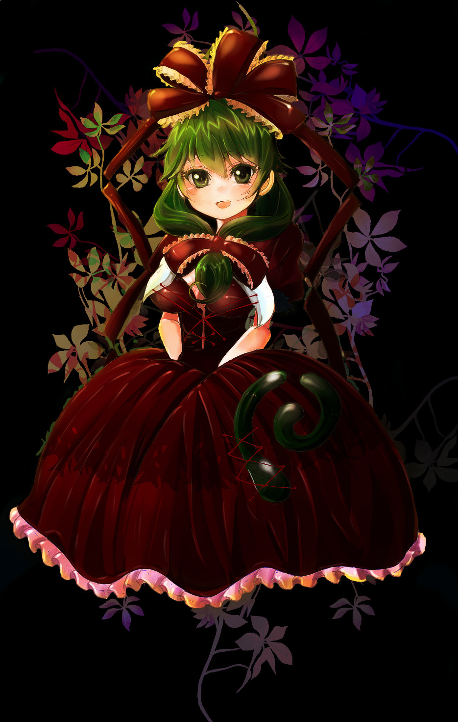 1girl bow dress female_focus frills front_ponytail green_eyes green_hair highres kagiyama_hina leaf looking_at_viewer matching_hair/eyes open_mouth plant red_dress ribbon shiichi smile solo touhou