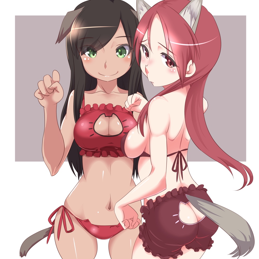 2girls animal_ears ass ass_cutout back bare_shoulders blush bra breasts brown_hair butt_crack cat_cutout cat_ear_panties cat_lingerie cleavage cleavage_cutout clothing_cutout colored_eyelashes dark-skinned_female dark_skin dog_ears dog_tail federica_n._doglio frills green_eyes katuhata long_hair looking_at_viewer looking_back medium_breasts meme_attire minna-dietlinde_wilcke multiple_girls navel panties paw_pose red_bra red_eyes red_hair red_panties side-tie_panties sideboob smile standing strike_witches strike_witches:_kurenai_no_majo-tachi tail underwear wolf_ears wolf_tail world_witches_series