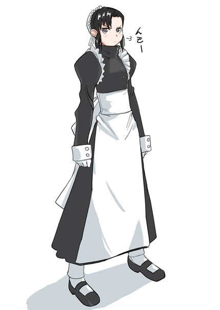 00s 1girl apron black_hair black_lagoon blush fabiola_iglesias female_focus gloves hair_bun looking_at_viewer maid maid_apron puffy_sleeves simple_background single_hair_bun solo sugar_(sugarless) waist_apron white_background