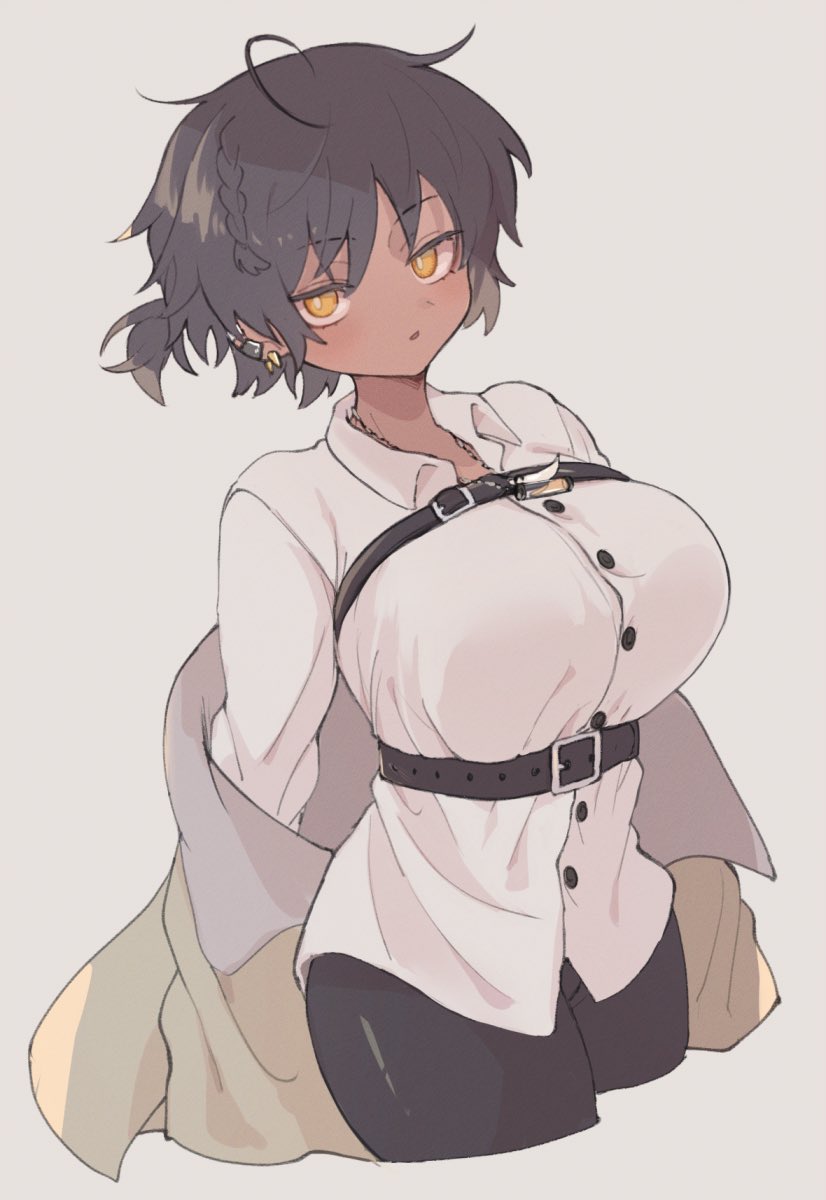 1girl arknights arouni22 black_pants blush breasts buttons collared_shirt cropped_legs dark-skinned_female dark_skin ear_piercing genderswap genderswap_(mtf) grey_background hair_between_eyes highres jewelry large_breasts looking_at_viewer necklace orange_eyes pants parted_lips piercing ponytail shirt short_ponytail simple_background solo thorns_(arknights) white_shirt