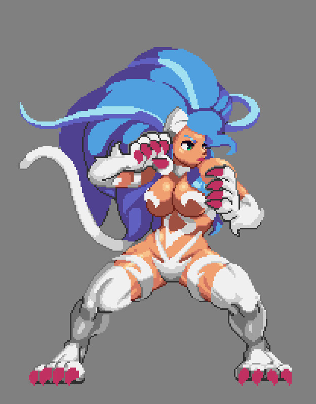 1girl animal_ears animal_hands blue_hair breasts cat_ears cat_tail dark-skinned_female dark_skin darkstalkers felicia_(darkstalkers) fighting_stance green_eyes grey_background jumboji large_breasts long_hair pixel_art tail very_long_hair white_fur