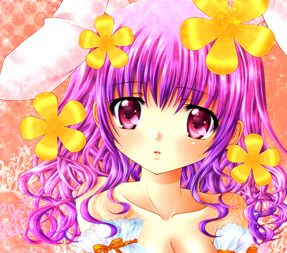 1girl animal_ears blush breasts collarbone commentary detached_sleeves di_gi_charat di_gi_charat_nyo! fake_animal_ears flower hair_flower hair_ornament long_hair looking_at_viewer medium_breasts open_mouth pink_eyes purple_hair rabbit_ears sachiko solo upper_body usada_akari