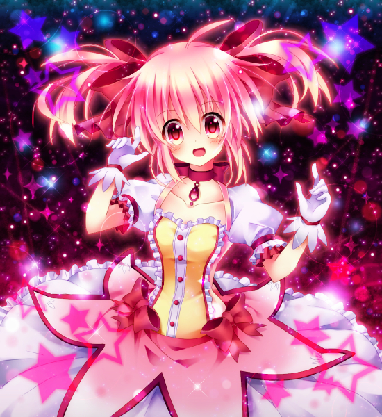 10s 1girl :d blush female_focus gloves gradient_background kaname_madoka kaname_madoka_(magical_girl) mahou_shoujo_madoka_magica mahou_shoujo_madoka_magica_(anime) open_mouth pink_eyes pink_hair red_eyes runako smile solo star_(symbol) twintails white_gloves