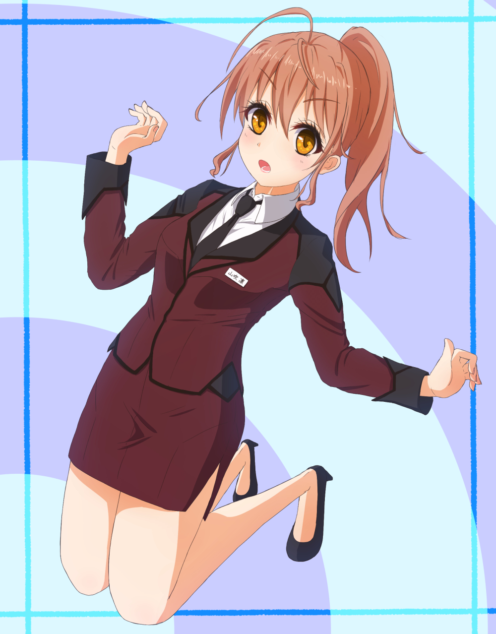 1girl active_raid ahoge blush breasts brown_hair formal_clothes highres long_hair necktie open_mouth pickurz ponytail shoes skirt skirt_suit suit yamabuki_rin yellow_eyes