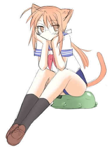 00s animal_ears blush brown_hair cat_ears cat_tail glasses hasegawa_chisame kneehighs long_hair mahou_sensei_negima! necktie ponytail red_hair school_uniform serafuku socks swimsuit tail