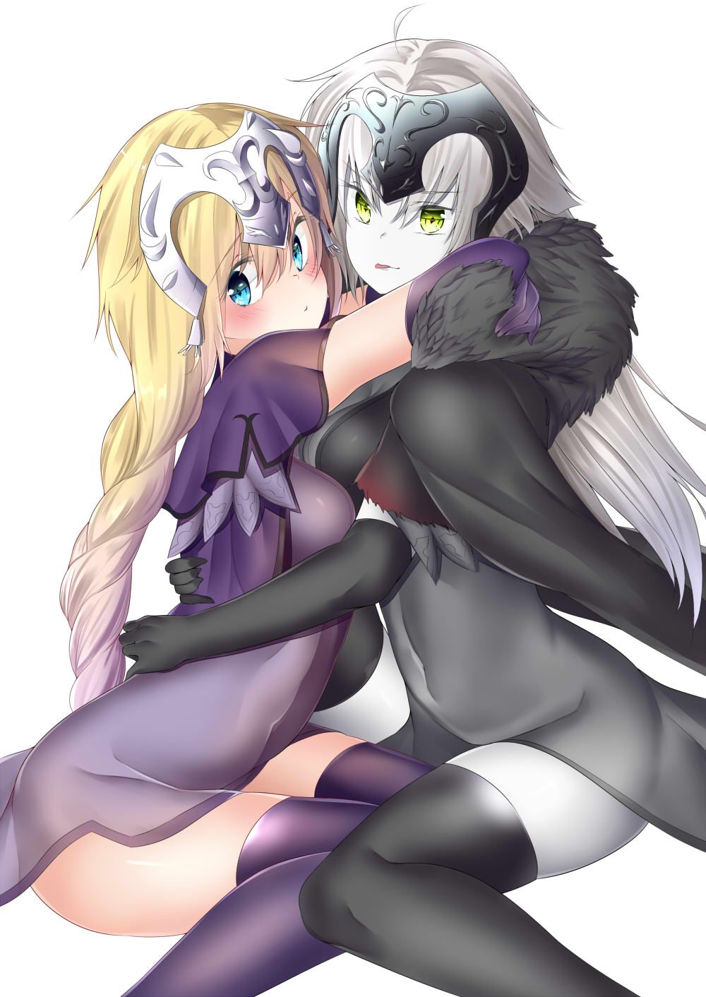 2girls ahoge black_cape black_dress black_thighhighs blonde_hair blue_eyes blush braid braided_ponytail breasts cape dress fate/grand_order fate_(series) fur_collar grey_hair headpiece highres hug jeanne_d&#039;arc_(fate) jeanne_d&#039;arc_(ruler)_(fate) jeanne_d&#039;arc_alter_(avenger)_(fate) jeanne_d&#039;arc_alter_(fate) large_breasts len_(hand_linke) long_hair looking_at_viewer multiple_girls purple_dress purple_thighhighs short_hair thighhighs thighs tongue tongue_out very_long_hair yellow_eyes