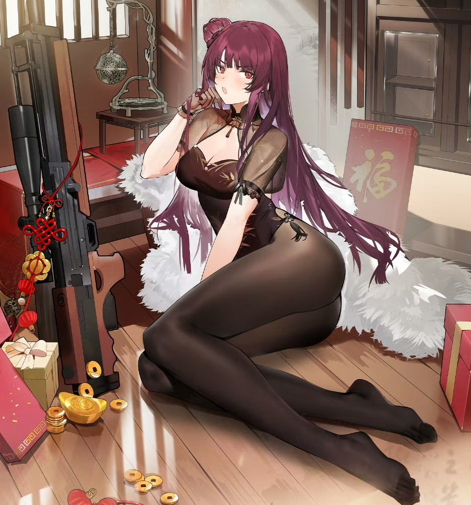 1girl breasts cleavage flock girls&#039;_frontline gun long_hair looking_at_viewer makiatto_(girls&#039;_frontline_2) medium_breasts pantyhose red_eyes red_hair rifle side_ponytail sitting sniper_rifle solo ta183 wa2000_(girls&#039;_frontline) weapon