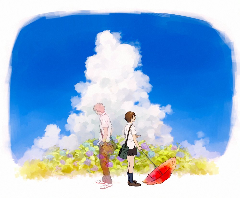 00s 1boy 1girl back-to-back bad_id bad_pixiv_id bag border brown_hair cloud day fading_border flower hydrangea konno_makoto mamiya_chiaki see-through_clothes short_hair toki_wo_kakeru_shoujo umbrella vignetting yodaredato