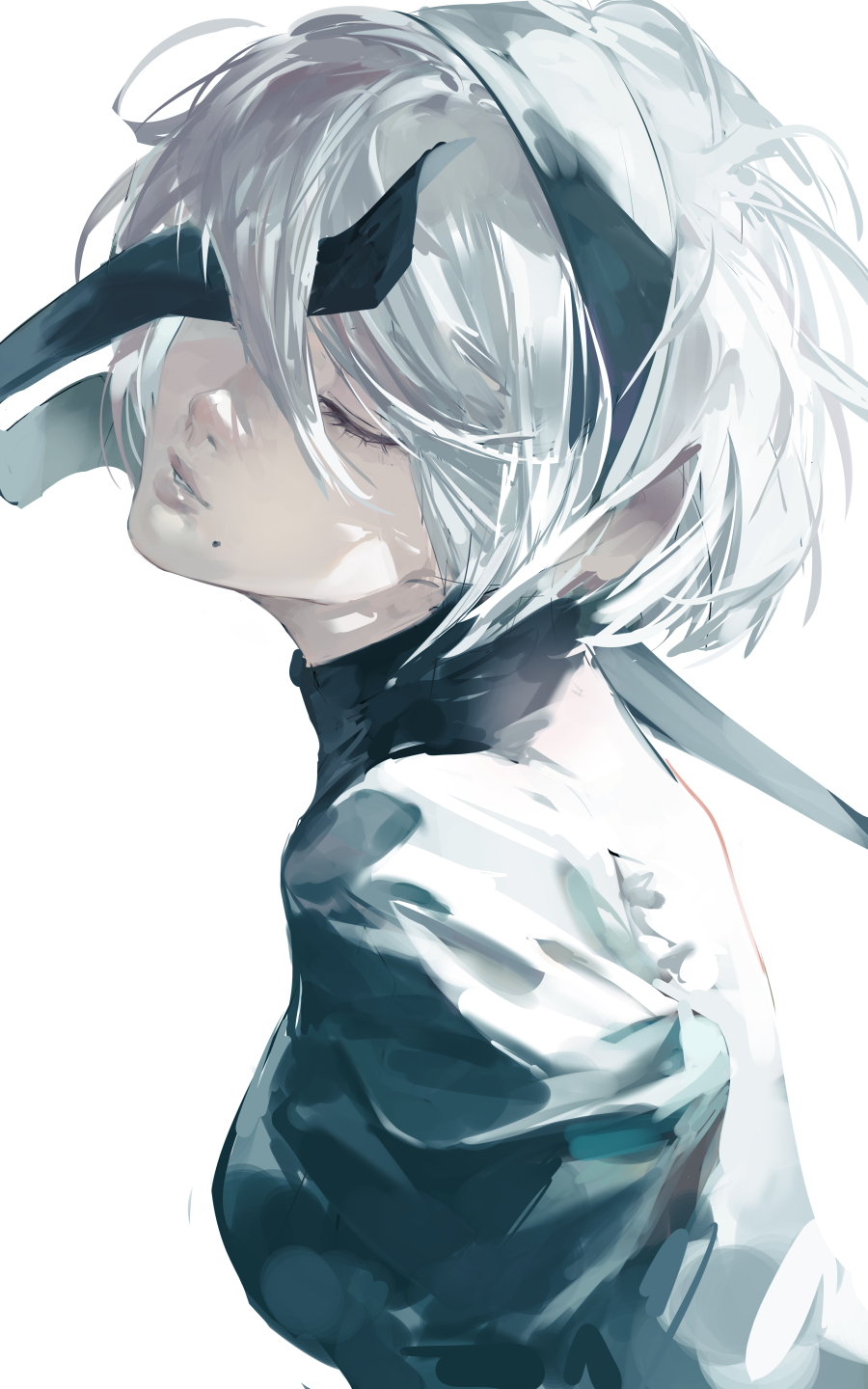 1girl 2b_(nier:automata) black_blindfold black_dress black_hairband blazpu blindfold breasts closed_eyes dress hairband highres leaning_forward mole mole_under_mouth nier:automata nier_(series) short_hair simple_background solo upper_body white_background white_hair