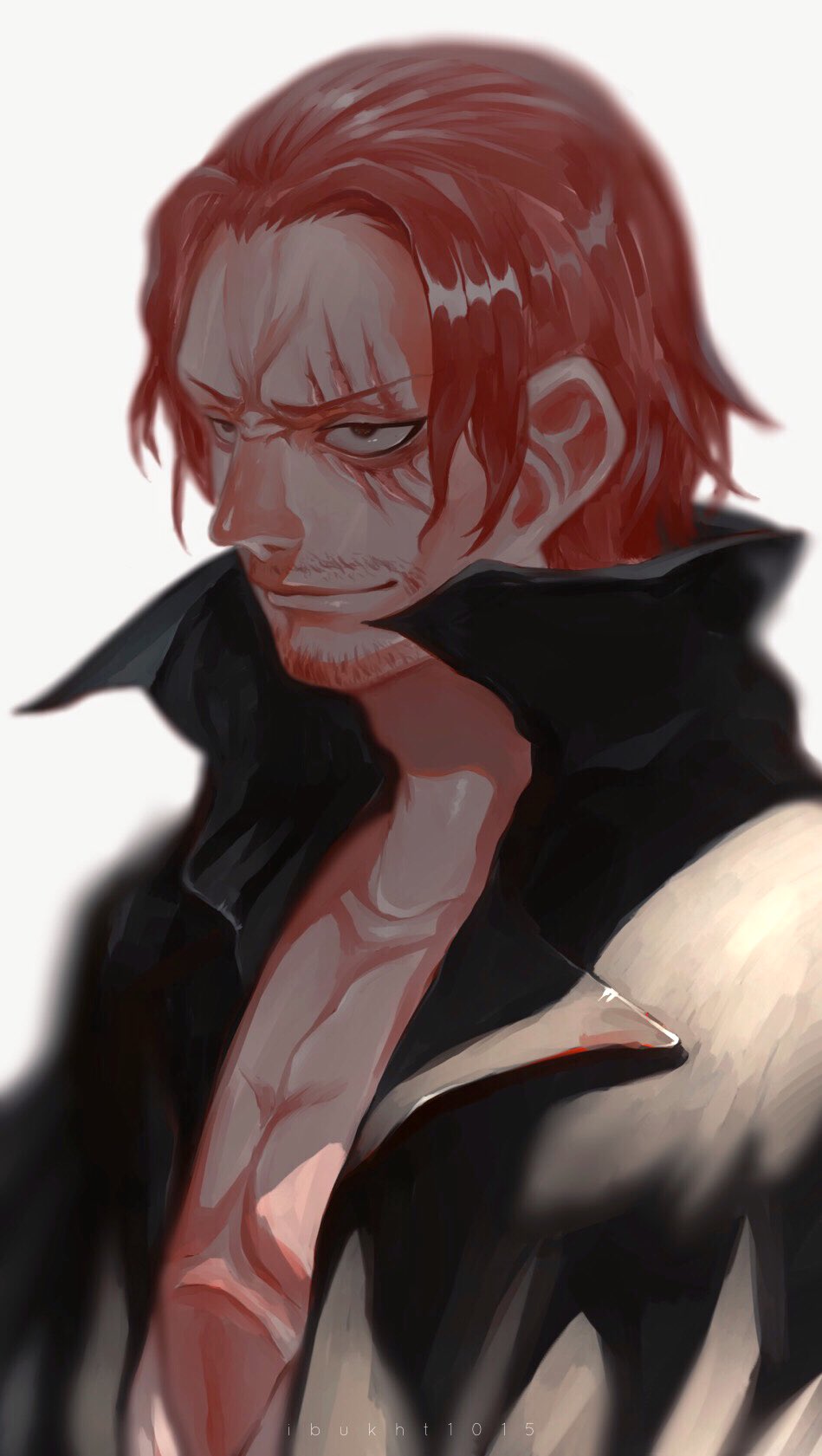 1boy artist_name beard_stubble black_coat closed_mouth coat commentary_request facial_hair highres ibuo_(ibukht1015) male_focus mustache_stubble one_piece open_clothes red_hair scar scar_across_eye scar_on_face shanks_(one_piece) short_hair smile solo stubble