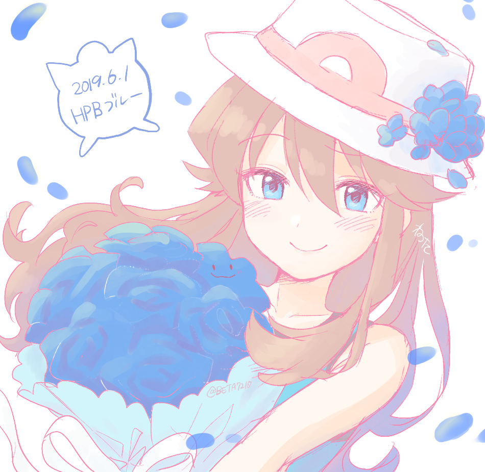 1girl alternate_costume blue_eyes blue_flower blue_petals blue_tank_top bouquet brown_hair creatures_(company) ditto falling_petals flower game_freak gen_1_pokemon green_(pokemon) hat holding holding_bouquet long_hair nintendo official_alternate_costume petals pokemon pokemon_adventures porkpie_hat shirt sleeveless smile syoshinsya7 tank_top transformed_ditto white_hat