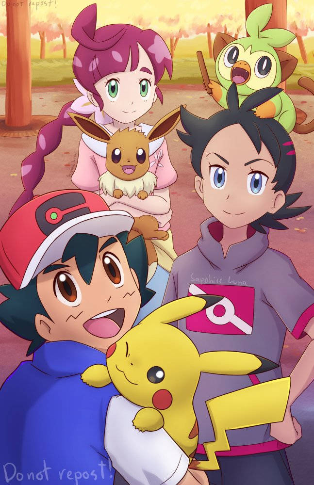 1girl 2boys ash_ketchum black_hair blue_eyes brown_eyes carrying chloe_(pokemon) closed_mouth creatures_(company) eevee game_freak gen_1_pokemon gen_8_pokemon goh_(pokemon) green_eyes grookey hat multiple_boys nintendo on_head open_mouth pikachu pokemon pokemon_(anime) pokemon_journeys sapphire_luna smile stick tree