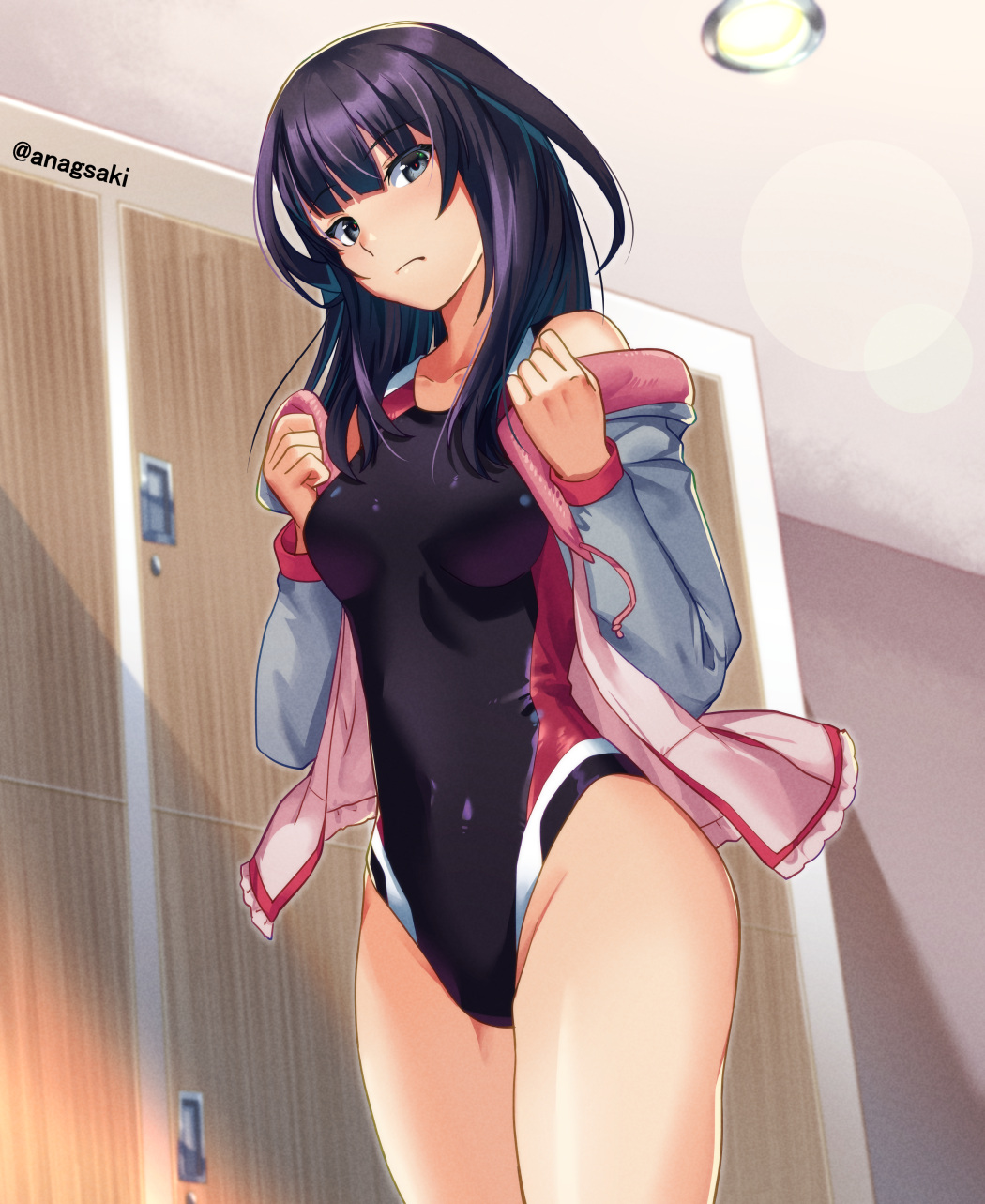 1girl agatsuma_kaede alice_gear_aegis aona_(anagasaki) black_hair black_one-piece_swimsuit blue_eyes blunt_bangs breasts competition_swimsuit covered_navel cowboy_shot grey_jacket highres jacket locker locker_room long_hair medium_breasts multicolored_clothes multicolored_swimsuit one-piece_swimsuit solo swimsuit twitter_username