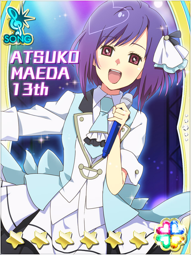 1girl :d akb0048 blue_necktie bow card_(medium) character_name collared_shirt concert cowboy_shot dutch_angle hair_bow heart holding holding_microphone looking_at_viewer maeda_atsuko_(akb0048) microphone music necktie non-web_source official_art open_mouth purple_eyes purple_hair shirt short_hair short_sleeves singing skirt smile solo sparkle stage_lights standing star_(symbol) teeth treble_clef upper_teeth_only white_shirt