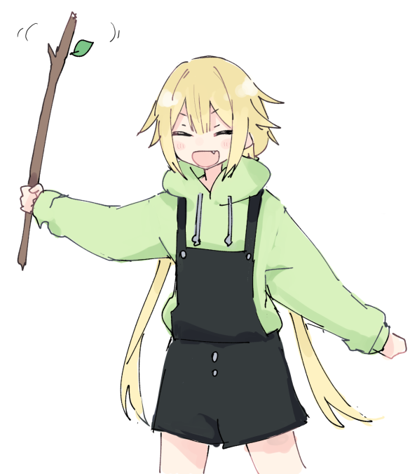 1girl black_overalls blonde_hair blush closed_eyes excited fang green_hoodie holding holding_stick hood hoodie long_hair low_twintails magia_record:_mahou_shoujo_madoka_magica_gaiden mahou_shoujo_madoka_magica mitsuki_felicia overalls shiroshi_(denpa_eshidan) stick twintails very_long_hair