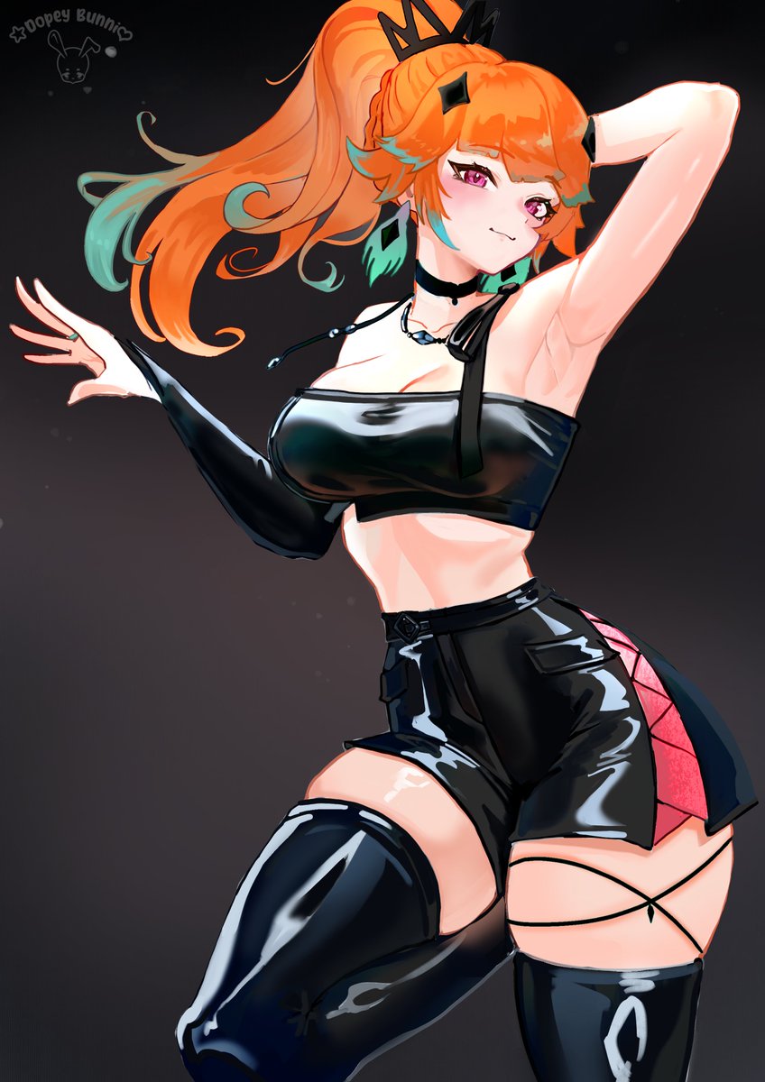 1girl arm_up armpit_crease armpits artist_name black_shorts black_thighhighs black_tube_top breasts bridal_gauntlets choker commentary dopeybunni earrings english_commentary feather_earrings feathers green_hair hair_ornament high_ponytail highres hololive hololive_english jewelry large_breasts long_hair looking_at_viewer midriff mirage_(takanashi_kiara) multicolored_hair necklace orange_hair purple_eyes short_shorts shorts simple_background single_bridal_gauntlet skindentation smile solo strapless takanashi_kiara thighhighs tube_top virtual_youtuber