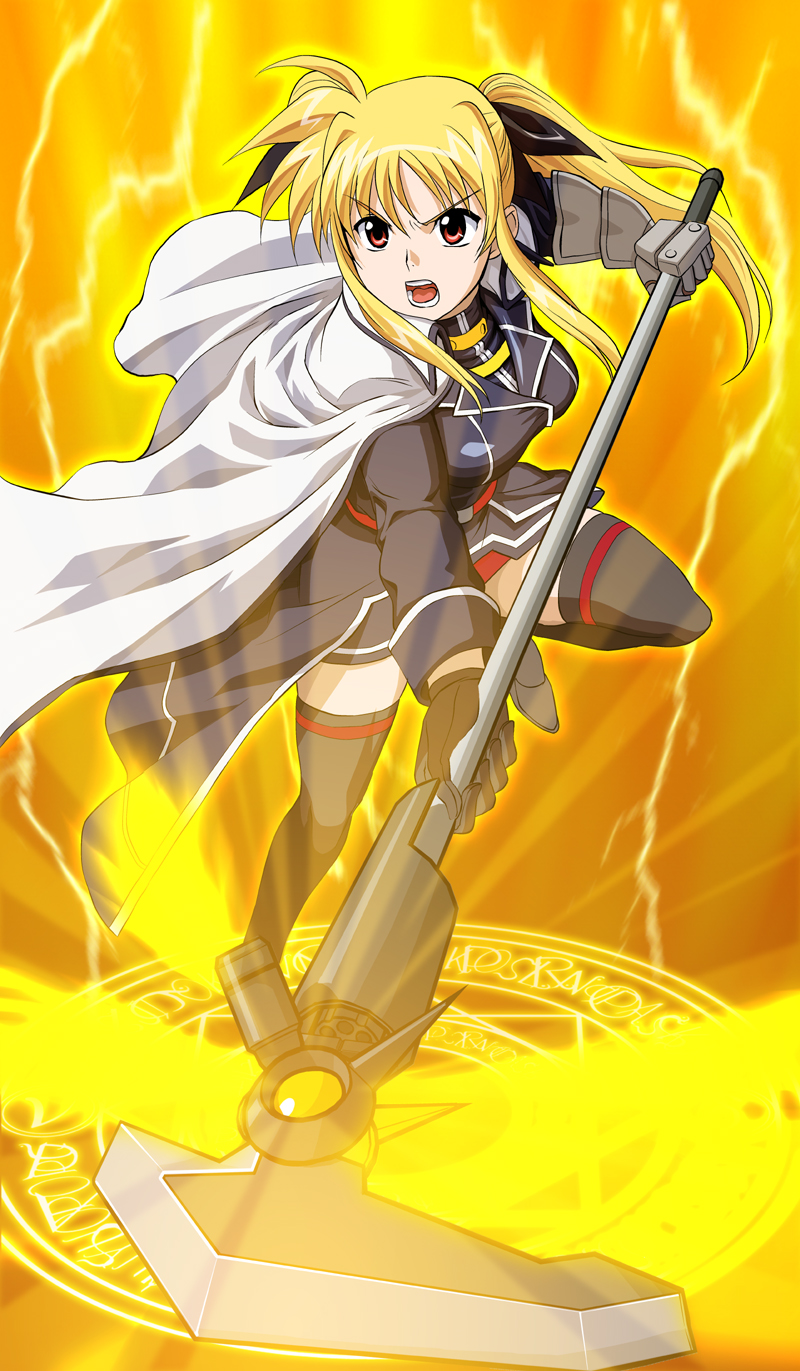 00s 1girl bardiche_(nanoha) blonde_hair fate_testarossa fate_testarossa_(impulse_form) female_focus g-tetsu highres lyrical_nanoha mahou_shoujo_lyrical_nanoha mahou_shoujo_lyrical_nanoha_strikers solo thighhighs zettai_ryouiki