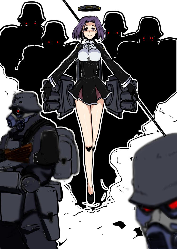 10s 1girl armor glowing glowing_eyes gun halo helmet jin-roh jin_roh kantai_collection kerberos_saga machine_gun mechanical_halo polearm protect-gear_(jin_roh) purple_eyes purple_hair school_uniform short_hair solo_focus tatsuta_(kancolle) weapon wolf_(raidou-j)