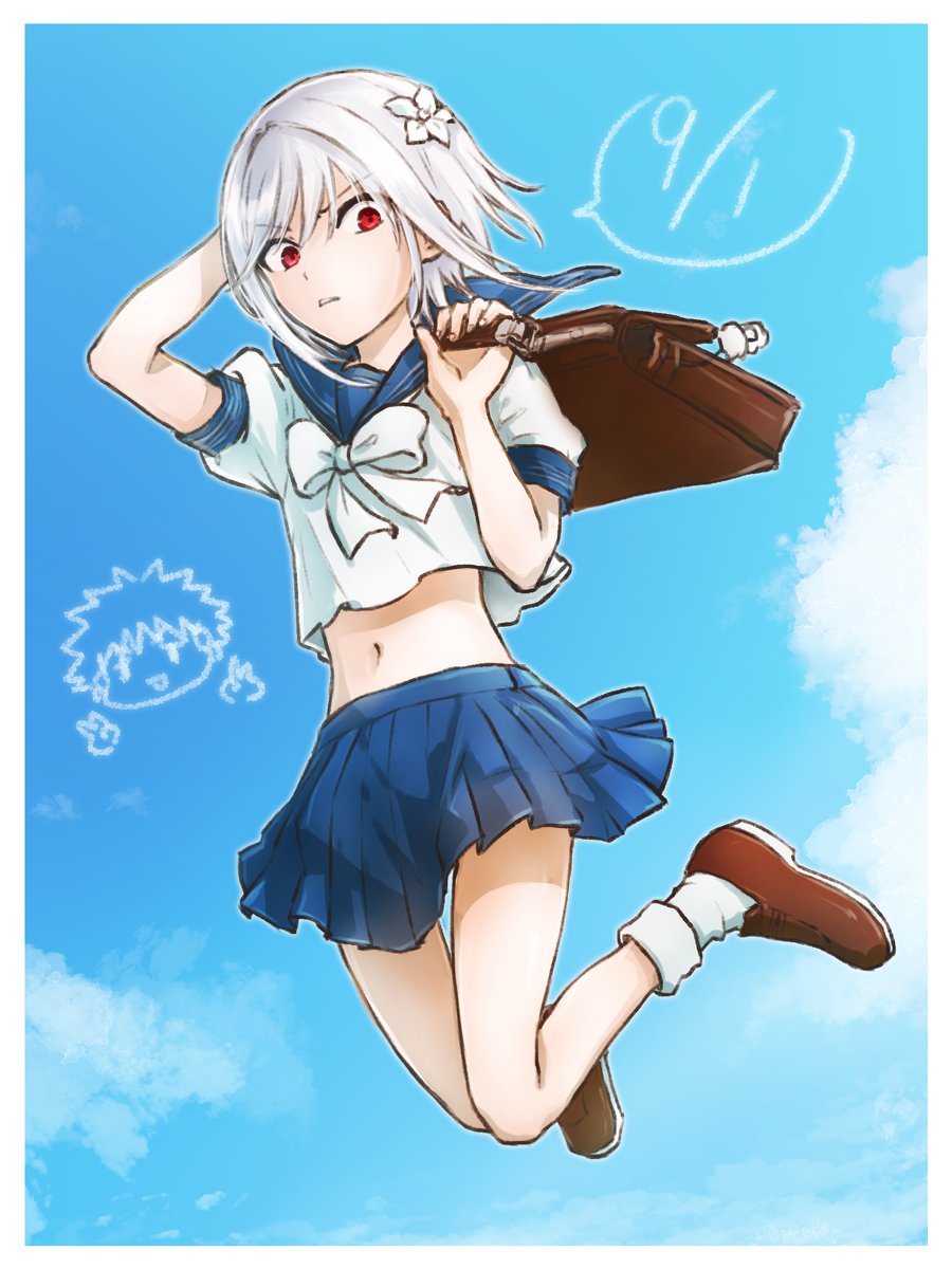 1girl a_certain_high_school_uniform accelerator_(toaru_majutsu_no_index) bag blue_sailor_collar blue_skirt blue_sky border brown_footwear cloud commentary_request diceloooc flower full_body genderswap genderswap_(mtf) hair_flower hair_ornament highres holding holding_bag kamijou_touma loafers midriff navel neckerchief red_eyes sailor_collar school_uniform shoes short_sleeves skirt sky socks solo suzushina_yuriko toaru_majutsu_no_index white_border white_hair white_neckerchief white_socks