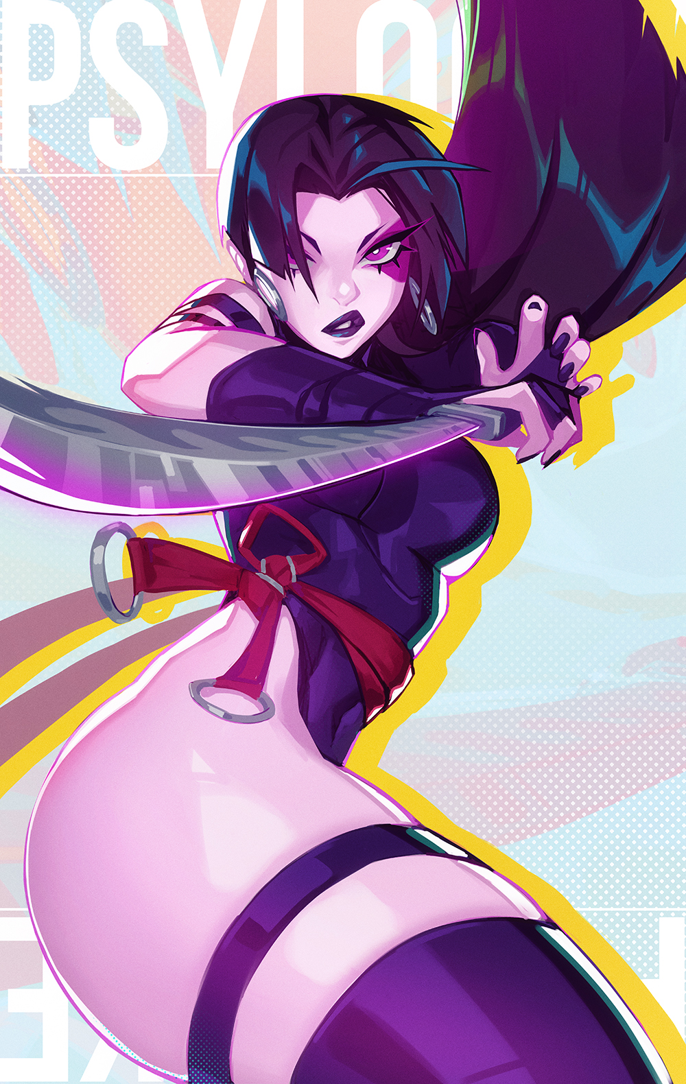 1girl animification bare_shoulders blue_leotard breasts elbow_gloves gloves highleg highleg_leotard highres holding holding_sword holding_weapon large_breasts leotard long_hair looking_at_viewer marvel marvel_rivals psylocke purple_eyes purple_hair qtori sash solo superhero_costume sword thighhighs weapon x-men