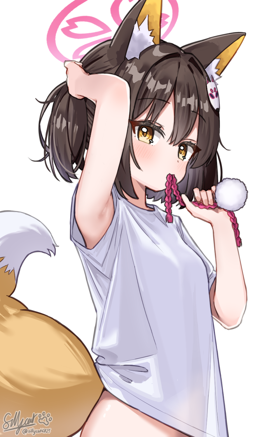 1girl adjusting_hair alternate_costume animal_ears arm_up armpits blue_archive blush brown_hair commentary_request fox_ears fox_girl fox_mask fox_tail fuzake_neko hair_intakes halo highres izuna_(blue_archive) looking_at_viewer mask mask_on_head mouth_hold pink_halo pom_pom_(clothes) rope shimenawa shirt short_sleeves signature simple_background solo tail two-tone_tail white_background white_shirt white_tail yellow_eyes yellow_tail