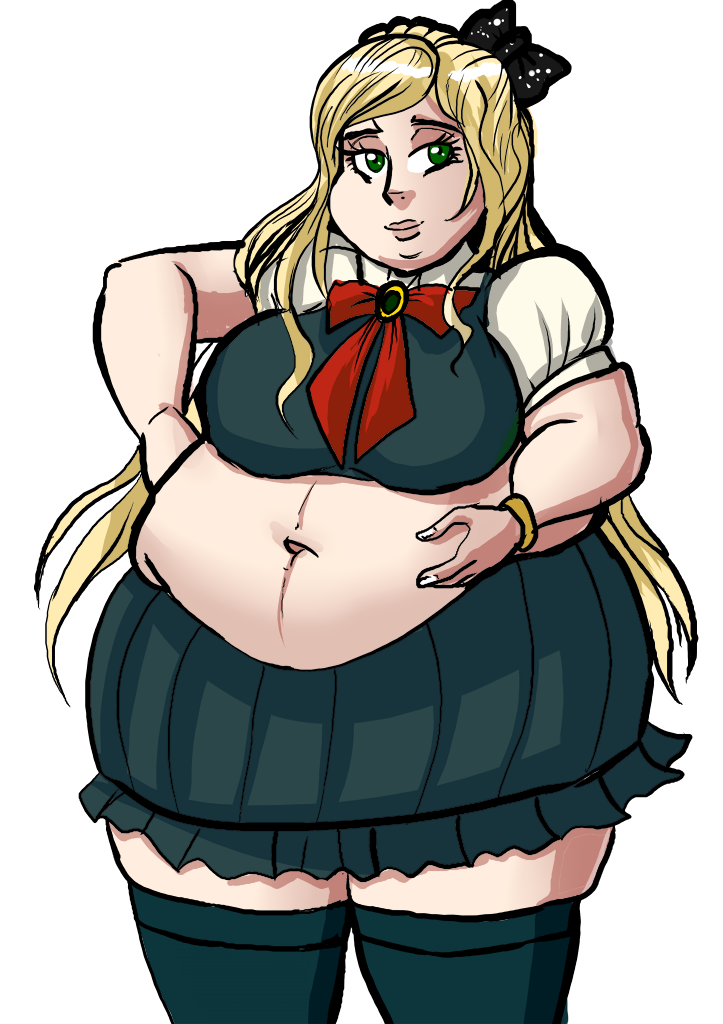 1girl artist_request blonde_hair breasts closed_mouth danganronpa_(series) fat fat_woman green_eyes looking_at_viewer medium_breasts midriff navel obese simple_background sonia_nevermind thighhighs white_background