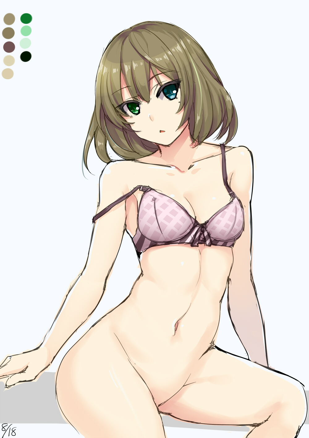 10s 1girl blue_eyes bottomless bra breasts brown_hair collarbone dated female_focus green_eyes heterochromia highres idolmaster idolmaster_cinderella_girls mole mole_under_eye navel no_panties off_shoulder short_hair simple_background sitting sketch small_breasts solo sorano_(12gou) stomach takagaki_kaede triangle_mouth underwear