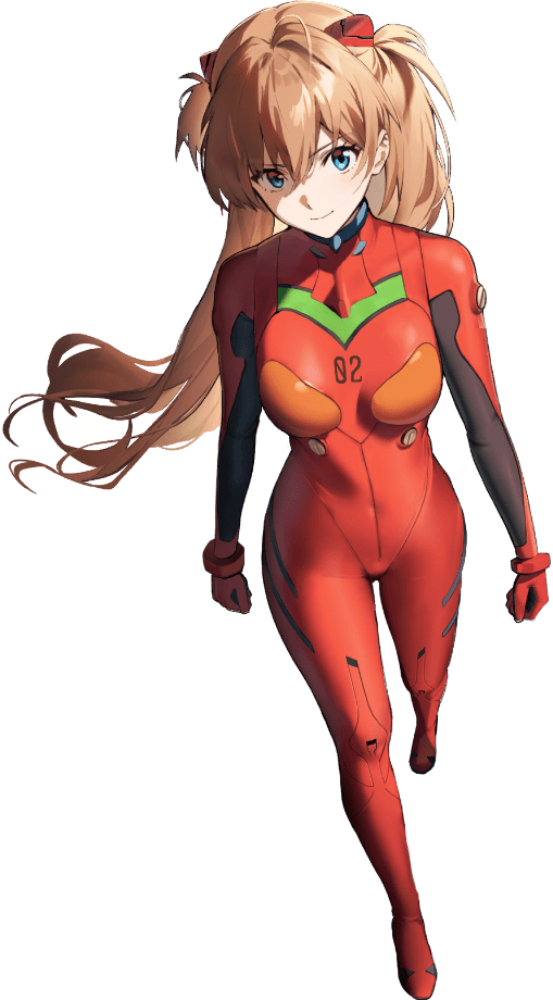 1girl artist_collaboration artist_request blue_eyes bodysuit breasts brown_hair clenched_hands curvy female_focus floating_hair full_body gloves goddess_of_victory:_nikke hair_ornament interface_headset long_hair looking_at_viewer medium_breasts neon_genesis_evangelion official_art pilot_suit plugsuit red_bodysuit red_gloves shiny_clothes simple_background smile source_request souryuu_asuka_langley third-party_edit wide_hips