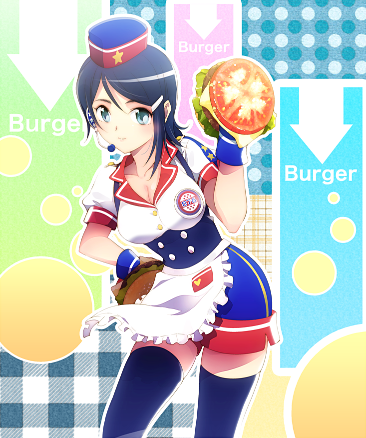 00s 1girl apron blue_eyes blue_hair blue_thighhighs breasts burger cleavage employee_uniform fast_food_uniform female_focus food hair_ornament hairclip hand_on_own_hip headset hip_focus idolmaster idolmaster_dearly_stars large_breasts matching_hair/eyes mizutani_eri riyo_(riyontoko) short_hair skirt smile solo thighhighs tomato waitress